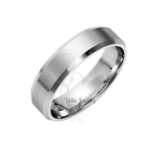 14K Solid White Gold Men Wedding Band, Satin Finish Beveled Edge Mens Ring, 6mm 10K 14K 18K White Gold Wedding Bands, Comfort Fit, Polished