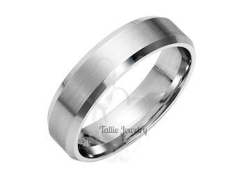 6mm 10K 14K 18K Solid White Gold Wedding Bands , Satin Finish Beveled Edge Mens Wedding Rings, Mens Wedding Bands, His & Hers Wedding Rings