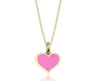 14K Yellow Gold Heart Necklace, Pink Heart Pendant, Gold Heart Necklace, Minimalist Heart Necklace, Pink Heart Necklace