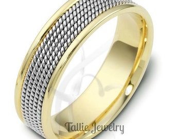 Two Tone Gold Wedding Bands, 7mm,10K 14K 18K White and Yellow Gold Braided Mens Wedding Rings, Two Tone Gold Mens Wedding Bands