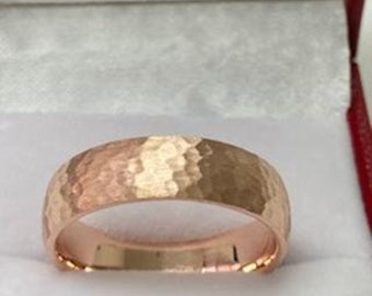6mm 10K 14K 18K Solid Rose Gold Mens Wedding Band, Hammered Finish Mens Wedding Ring, His and Hers Wedding Bands