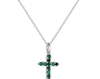 14K Yellow Gold Cross Necklace, Emerald Cross Necklace, Diamond Cross Necklace, Minimalist Cross Necklace, Green Emerald, May Birthstone
