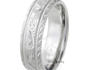 Platinum Hand Engraved Mens Wedding Bands, Hand Engraved Platinum Mens Wedding Rings, Hand Engraved Wedding Band, Hand Engraved Wedding Ring