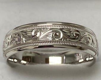 7mm 10K 14K 18K Solid White Gold Hand Engraved Rings, Hand Engraved Mens Wedding Bands, Hand Engraved Mens Wedding Ring
