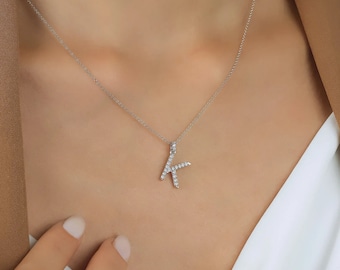 Diamond Initial Necklace 14K White Gold 0.30 Carat Natural Diamond Letter Necklace, Diamond Necklace , Initial Pendant, Letter K Necklace