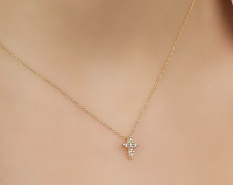 Diamond Cross Necklace, 14K Solid Yellow Gold Diamond Cross Necklace, Small Diamond Cross Pendant, Minimalist Cross Necklace, Baptism Gift