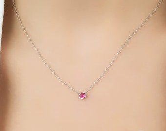 14K White Gold Ruby Necklace ,4mm Bezel Setting Ruby Solitaire Necklace, Minimalist Ruby Necklace in 14K Gold, July Birthstone, Gemstone