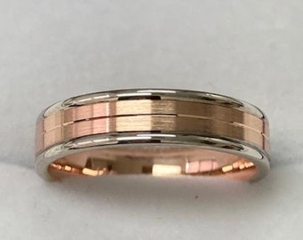 14K Solid Rose Gold Wedding Band, Two Tone Gold Wedding Bands,  4mm 10K 14K 18K Solid White and Rose Gold Mens and Womens Wedding Rings