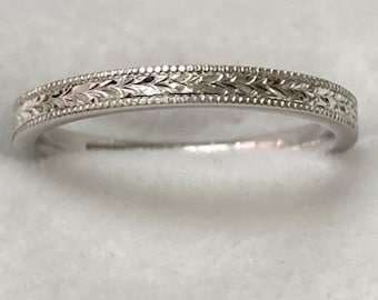 2.5mm 10K 14K 18K Solid White Gold Hand Engraved Wedding Bands, Hand Engraved Mens and Womens Wedding Rings, His and Hers Wedding Bands