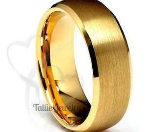 Mens Yellow Gold Wedding Bands,7mm 10K 14K 18K Solid Gold Mens Wedding Ring, Beveled Edge Satin Finish Mens Wedding Band