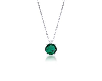 14K Solid White Gold Emerald and Diamond Solitaire Necklace ,Round Emerald Necklace ,Diamond Necklace, Green Emerald, May Birthstone