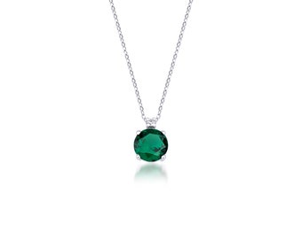 14K Solid White Gold Emerald and Diamond Solitaire Necklace, Round Emerald Necklace, Diamond Necklace, Green Emerald, May Birthstone