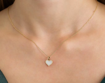 14K Yellow Gold Heart Necklace, Mother of Pearl Necklace, Pearl Heart Necklace, Minimalist Heart Necklace, Pearl Necklace, Heart Pendant