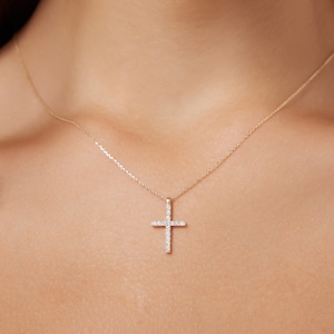 Diamond Cross Necklace 14K Solid Yellow Gold Diamond Cross Necklace, Layering Diamond Necklace, Baptism Gift, Natural Diamond Cross Pendant