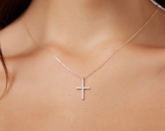 Diamond Cross Necklace 14K Solid Yellow Gold Diamond Cross Necklace, Layering Diamond Necklace, Baptism Gift, Natural Diamond Cross Pendant