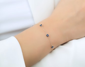 Evil Eye Bracelet, 14K Yellow Gold Evil Eye Station Bracelet, Minimalist Evil Eye Bracelet, Beaded Evil Eye Bracelet, Gifts for Her