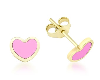 14K Solid Yellow Gold Heart Earrings, Pink Heart Earrings, Heart Stud Earrings, Minimalist Push Back Stud Earrings, Gold Earrings