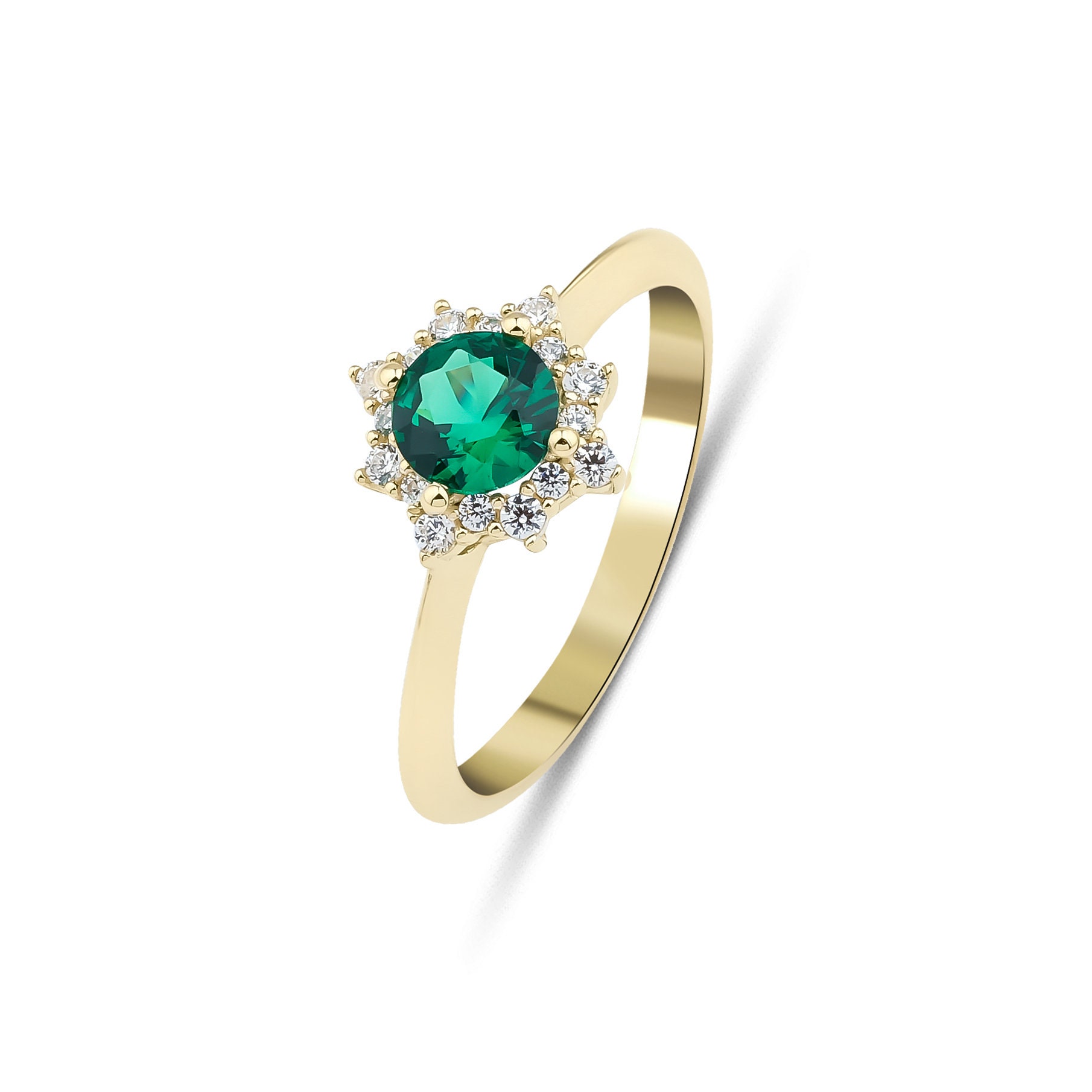 Gold emerald ring with diamonds vintage style engagement ring