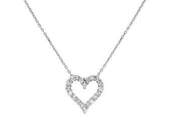 14K Solid White Gold Diamond Heart Necklace,0.40 Carat Natural Diamond Heart Necklace, Open Heart Necklace, Heart Pendant
