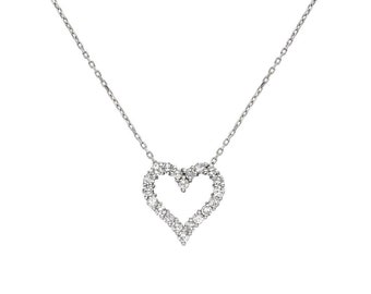 14K Solid White Gold Diamond Heart Necklace,0.40 Carat Natural Diamond Heart Necklace, Open Heart Necklace, Heart Pendant