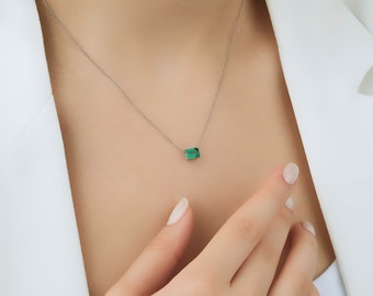 14K Solid White Gold Emerald Necklace,  Emerald Cut Emerald Solitaire Necklace, May Birthstone, Gemstone ,Green Emerald