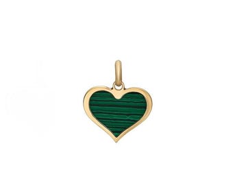 14K Solid Yellow Gold Heart Necklace, Malachite Heart Necklace, Minimalist Heart Necklace, Malachite Heart Pendant, Heart Charm