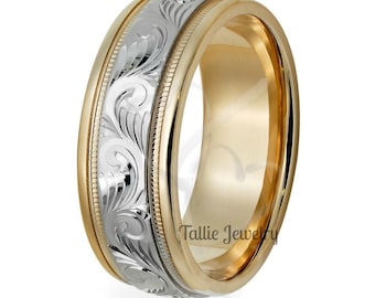 7mm 10K 14K 18K Solid White and Yellow Gold Hand Engraved Wedding Bands, Hand Engraved Mens Wedding Rings, Two Tone Gold Wedding Bands