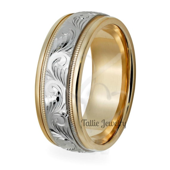 7mm 10K 14K 18K Solid White and Yellow Gold Hand Engraved Wedding