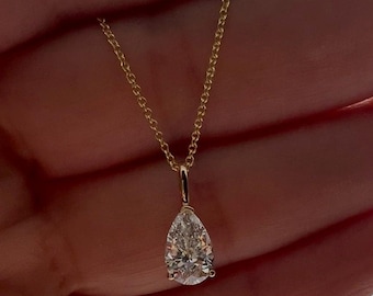 14K Solid Yellow Gold 1 Carat Pear Shape Lab Grown Diamond Solitaire Necklace, Diamond Solitaire Pendant