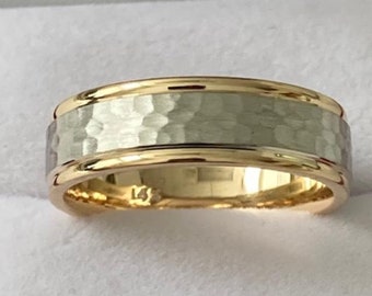 Mens Platinum Wedding Bands, Platinum Hammered Finish Mens Wedding Rings, 6mm 18K Solid Yellow Gold and Platinum Wedding Rings