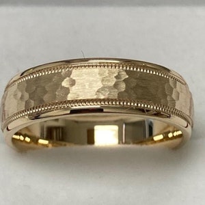Yellow Gold Mens Wedding Band, Milgrain Hammered Finish Mens Wedding Ring, 6mm 10K 14K 18K Solid Yellow Gold Wedding Bands