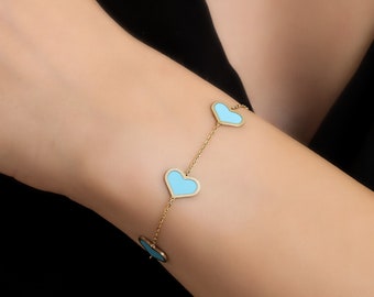 Heart Bracelet, 14K Solid Yellow Gold Turquoise Heart Bracelet, Heart Station Bracelet, Turquoise Bracelet, Valentine Days Gift