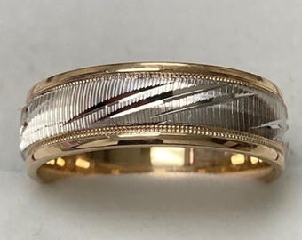 Two Tone Gold Wedding Bands,  Mens Wedding Ring, Mens Wedding Band, 6mm 10K 14K 18K Solid White and Yellow Gold Wedding Bands