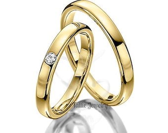 10K 14K 18K Solid Yellow Gold Wedding Bands, His and Hers Wedding Rings Set, Matching Wedding Bands, Diamond Wedding Rings