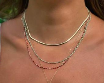 14K Yellow Gold Beaded Necklace, Red Enamel Beaded Necklace, 4.1 gr Gold Chain