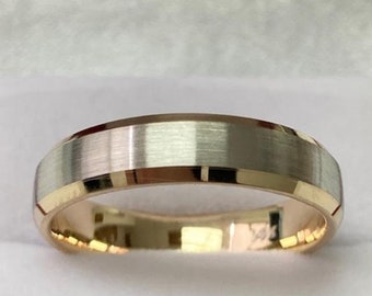 Two Tone Gold Mens Wedding Rings, 5mm 10K 14K 18K White and Yellow Gold Mens Wedding Bands, Beveled Edge Mens Wedding Rings, Two Tone Rings