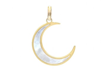 14K Yellow Gold Mother of Pearl Crescent Moon Necklace, Mother of Pearl Moon Pendant, Pearl Necklace, Crescent Moon Charm