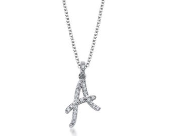 14K Solid White Gold Diamond Initial Necklace, 0.35 Carat Lab Grown Diamond Letter Necklace, Script Letter A Necklace, Initial Pendant