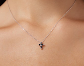 Diamond Cross Necklace, 14K Gold Black Diamond Cross Necklace, Minimalist Cross Necklace, Crucifix Cross Necklace in 14K Gold, Gold Cross