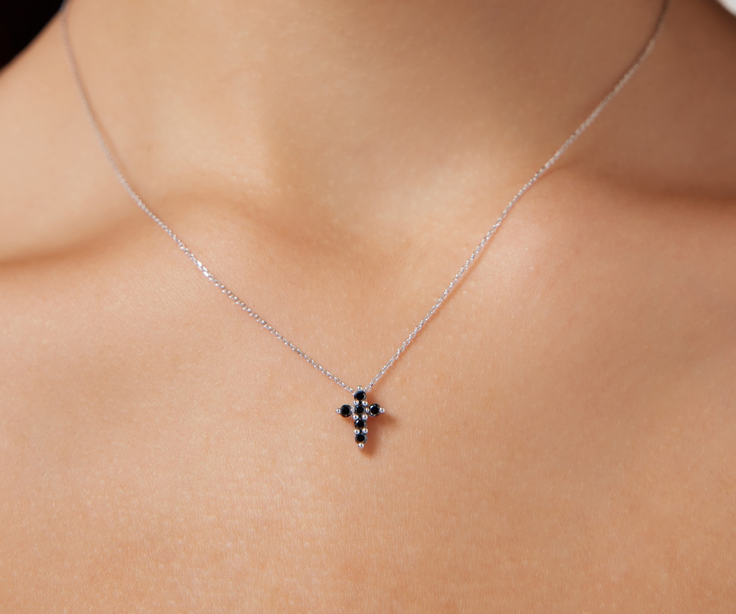 Diamond Cross Necklace 14K Gold Black Diamond Cross Necklace