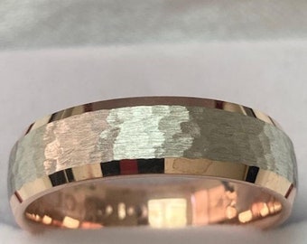 Platinum Wedding Band. Platinum Mens Wedding Ring ,Two Tone Gold Wedding Bands, Platinum & 14K Rose Gold Hammered Finish Wedding Rings Rings