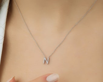 Diamond Initial Necklace,14K Solid White Gold Diamond Letter Necklace, Layering Diamond Necklace ,Letter N Necklace, Diamond Initial Pendant