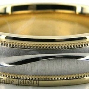 7mm 10K 14K 18K White and Yellow Gold Mens Wedding Bands,  Milgrain Brushed Finish Mens Wedding Rings, Two Tone Gold Wedding Bands