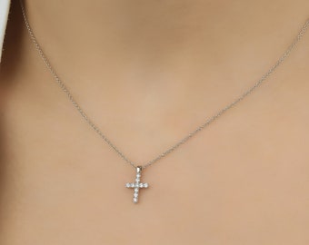 Small Diamond Cross Necklace, 14K White Gold Diamond Cross Necklace, Minimalist Cross Necklace, Baptism Gift, Natural Diamond Cross Pendant