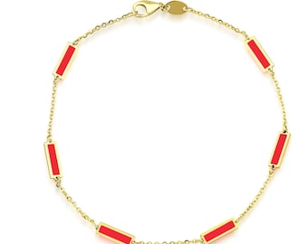 14K Solid Yellow Gold Red Coral Bar Bracelet