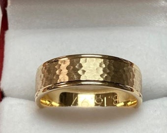 Hammered Finish Mens Wedding Band, Yellow Gold Mens Wedding Ring, 8mm 10K 14K 18K Solid Yellow Gold Wedding Bands