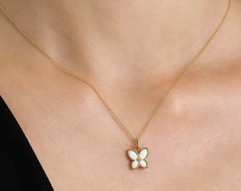14K Solid Yellow Gold Butterfly Necklace, White Enamel Butterfly Necklace, Butterfly Charm , Butterfly Pendant, Gold Necklace