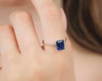 14K White Gold Emerald Cut Sapphire and Diamond Ring, 1.75 Carat Sapphire Ring ,Diamond Engagement Rings