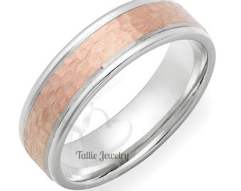 Two Tone Gold Wedding Bands, 6mm 10K 14K 18K Solid White and Rose Gold Mens Wedding Rings, Hammered Finish Mens Wedding Band