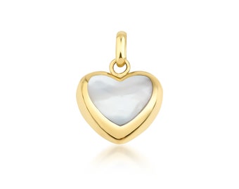 14K Yellow Gold Mother of Pearl Puffed Heart Necklace, Mother of Pearl Puffed Heart Pendant, Minimalist Puff Heart Necklace, Heart Charm